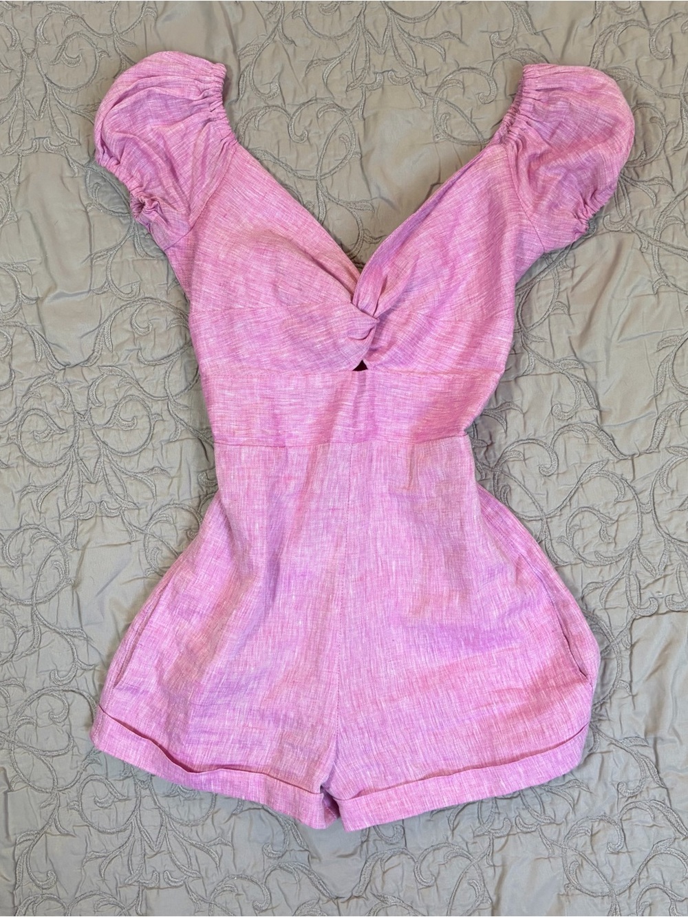 Sartoria Saracena Women's 100% Linen Romper Size XS Pink One-Piece Open Back Tie